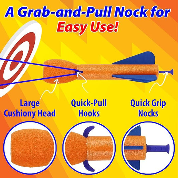 A bright orange foam dart with a large cushioned head, designed for easy use. The dart features quick-pull hooks and quick grip nocks for efficient handling. The background is a vibrant yellow with dynamic graphics, suggesting fun and action.