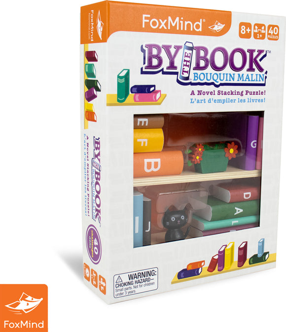 By the Book by FoxMind is a mechanical stacking puzzle featuring colorful book-shaped pieces. The packaging showcases the stacking concept with a cute black cat and vibrant flowers, appealing to puzzle enthusiasts and children aged 8 and up. It contains 40 challenges, promoting critical thinking and creativity.