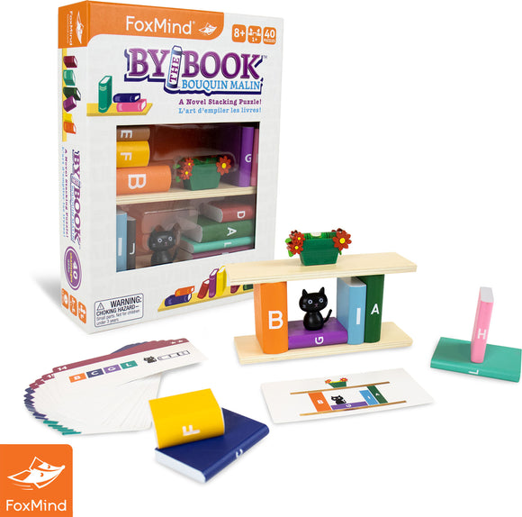By the Book is a fun mechanical stacking puzzle by FoxMind designed for ages 8 and up. The colorful wooden pieces resemble books and include a playful black cat and flower pots, challenging players to arrange them according to various patterns and instructions while enhancing cognitive skills and creativity.