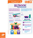 The product 'By the Book' by FoxMind is a mechanical puzzle designed for ages 8 and above. It includes balancing challenges using books and a clever cat. The puzzle features 40 progressively challenging tasks, engaging players in reasoning and visual perception skills. The back of the box displays instructions for play, along with graphic illustrations of the puzzle components, including the books and level indicators.