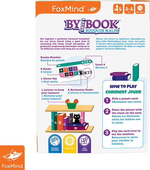 The product 'By the Book' by FoxMind is a mechanical puzzle designed for ages 8 and above. It includes balancing challenges using books and a clever cat. The puzzle features 40 progressively challenging tasks, engaging players in reasoning and visual perception skills. The back of the box displays instructions for play, along with graphic illustrations of the puzzle components, including the books and level indicators.