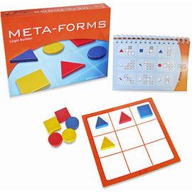 Meta-Forms mechanical puzzle by FoxMind Canada, featuring colorful geometric shapes including red, yellow, blue, and green chips. The puzzle includes a board with a grid layout and a spiral-bound booklet with various logic challenges and solutions, encouraging problem-solving skills.