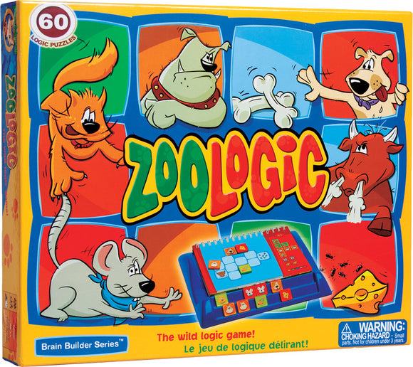 Zoologic mechanical puzzle box featuring colorful cartoon animals like a dog, cat, mouse, and cow, along with the title and a warning label. The design includes a variety of logic puzzle images, emphasizing fun and engagement in problem-solving activities.