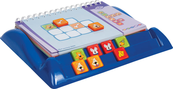 Zoologic by FoxMind Canada is a colorful mechanical puzzle featuring a game board with animal illustrations and a spiral notebook. Players match colorful blocks with images, following patterns and enhancing logic skills. The set includes a vibrant blue base that supports the game, making it engaging for various ages.