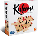 The game Kulami by FoxMind features a stylish box design with the title prominently displayed in bold calligraphy. The cover art showcases a dynamic board layout consisting of wooden tiles and scattered black and red game pieces. Each piece includes conical and circular shapes, emphasizing strategic play. The box also highlights the 'Mensa Select' award, indicating its recognition in educational games. Designed for 2 players aged 10 and up, the game emphasizes quick gameplay within 20 minutes.
