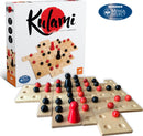 Kulami by FoxMind is a strategy board game featuring colorful wooden pieces and unique tile placements. The game showcases a dynamic layout with red and black pieces on a wooden board. Recognized with the Mensa Select award, this game challenges players' tactical skills for an engaging gaming experience.