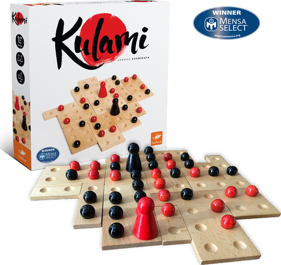 Kulami by FoxMind is a strategy board game featuring colorful wooden pieces and unique tile placements. The game showcases a dynamic layout with red and black pieces on a wooden board. Recognized with the Mensa Select award, this game challenges players' tactical skills for an engaging gaming experience.