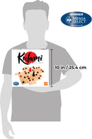 A person holding the board game 'Kulami' made by FoxMind. The game features a wooden board with colorful red and black pieces, designed for strategic gameplay. A Mensa Select award logo is visible on the packaging.