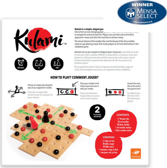 Kulami by FoxMind is an elegant two-player strategy game featuring a base with 17 wooden tiles and colored marbles. Players compete to control tiles by placing marbles on them, using strategic moves to outmaneuver opponents. The game encourages a meditative play style with simple rules that promote thinking ahead. Awarded Mensa Select, it combines beautiful design with engaging gameplay for a fun experience.