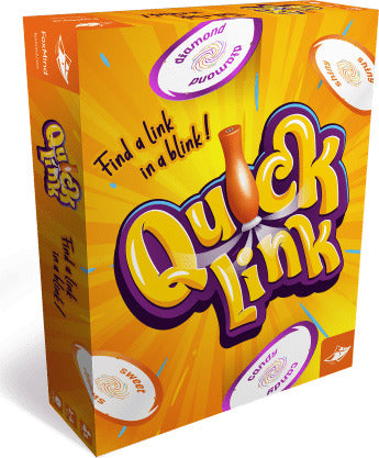 The Quick Link game by FoxMind Canada, designed for fun and entertainment. The colorful box features the title prominently in bold letters, with playful graphics depicting a link and instructions encouraging players to 'Find a link in a blink!' Ideal for family and friends, this game promises fast-paced action and engaging challenges.