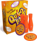 Quick Link game by FoxMind Canada featuring a vibrant box design in orange and purple. It includes three orange link pieces and colorful circular cards with the game title. The box showcases the game’s engaging tagline, 'Find a link in a blink!'