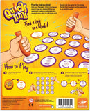 Quick Link game by FoxMind Canada, featuring a vibrant design with instructions on how to play. The game includes a Squeaky-Stick and a variety of word cards illustrating the gameplay mechanics. Ideal for family fun and verbal reasoning development.