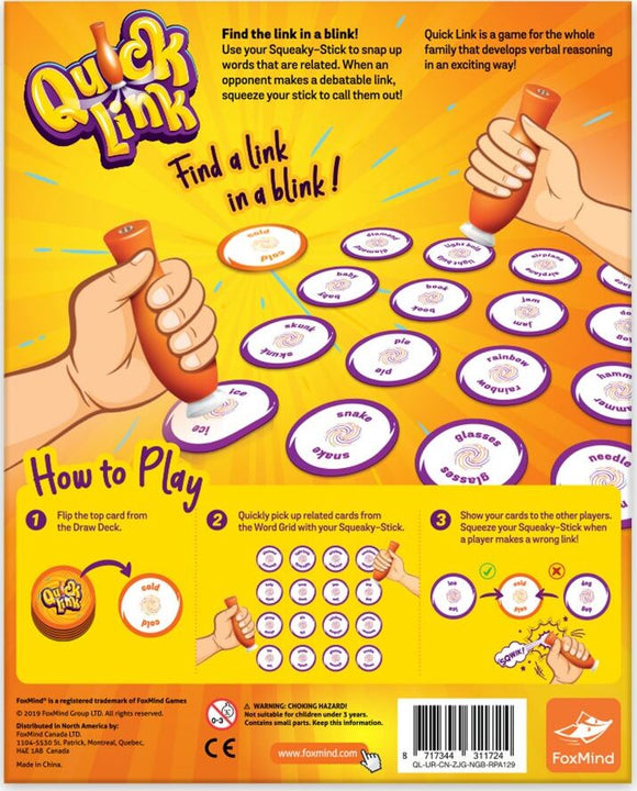 Quick Link game by FoxMind Canada, featuring a vibrant design with instructions on how to play. The game includes a Squeaky-Stick and a variety of word cards illustrating the gameplay mechanics. Ideal for family fun and verbal reasoning development.