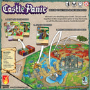 Castle Panic: 2nd Edition game board showcasing the colorful layout and key components like cards and monsters. Features instructions on gameplay with graphics illustrating how to draw cards, attack monsters, and manage your castle. Includes game components like towers, monster tokens, and hero figures.