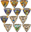 Castle Panic: 2nd Edition game components featuring various monster tokens including Goblins, Orcs, Trolls, and special effects like 'Giant Boulder' and 'Plague! Knights'. The artwork showcases vibrant illustrations of the characters and game actions, perfect for engaging cooperative gameplay.