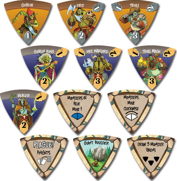 Castle Panic: 2nd Edition game components featuring various monster tokens including Goblins, Orcs, Trolls, and special effects like 'Giant Boulder' and 'Plague! Knights'. The artwork showcases vibrant illustrations of the characters and game actions, perfect for engaging cooperative gameplay.