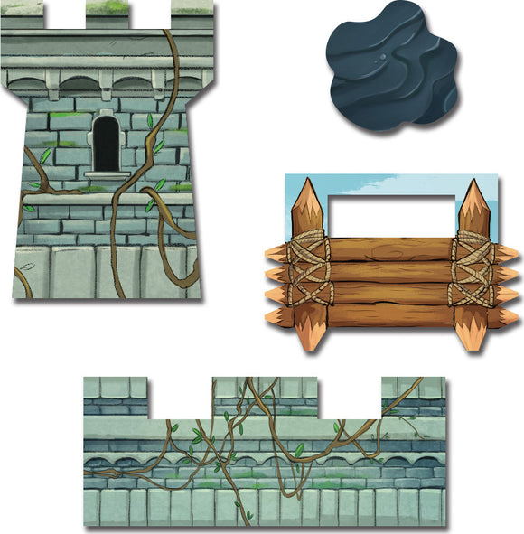 Castle Panic: 2nd Edition board game components, featuring intricately designed castle wall pieces with vines and textures. Includes a tower section, wooden barricade, and rocky terrain piece, all essential for gameplay.