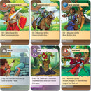 Castle Panic: 2nd Edition game cards, including characters like the Red Swordsman, Green Knight, and Blue Archer, along with resource and special cards such as Brick and Tar. Each card features colorful illustrations depicting the gameplay mechanics and strategies for defending the castle against monsters.