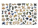Wooden puzzle pieces shaped like people, plants, and animals