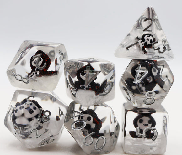 A collection of eight translucent RPG dice featuring playful Grim Reaper designs and black, red, and white colors. The dice include various shapes, showcasing numbers that appear embossed in silver. Perfect for tabletop gaming enthusiasts looking for unique game accessories.