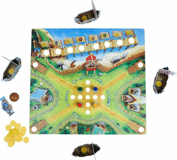 The Valley of the Vikings game by Haba features a colorful game board depicting a Viking landscape, surrounded by small boats, tokens, and game pieces. Players can use boats and coins to navigate the board and strategize their moves in a fun, family-friendly game.
