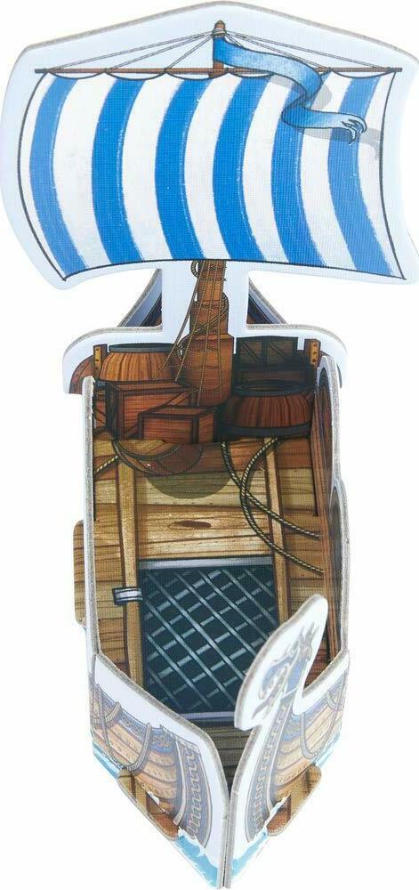 Valley of the Vikings game by Haba, featuring a detailed Viking ship with blue and white striped sail, showcasing intricate wood textures and design elements inside the ship's hold.