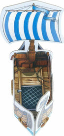 Valley of the Vikings game by Haba, featuring a detailed Viking ship with blue and white striped sail, showcasing intricate wood textures and design elements inside the ship's hold.