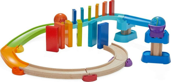 Kubu Ball Track Kringel Domino by HABA features a colorful wooden track with vibrant domino pieces and a rolling ball. It's designed for hands-on play, encouraging creativity and fine motor skills as children build and set up their own domino courses. The set includes curved and straight tracks, colorful blocks, and a launching mechanism for the ball, providing endless fun and learning opportunities.