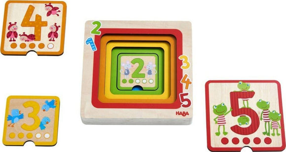 A colorful wooden counting puzzle featuring several animal-themed number tiles. The puzzle includes numbers 1 to 5, illustrated with friendly characters like ladybugs, birds, mice, and frogs, designed for children to enhance counting skills and cognitive development.