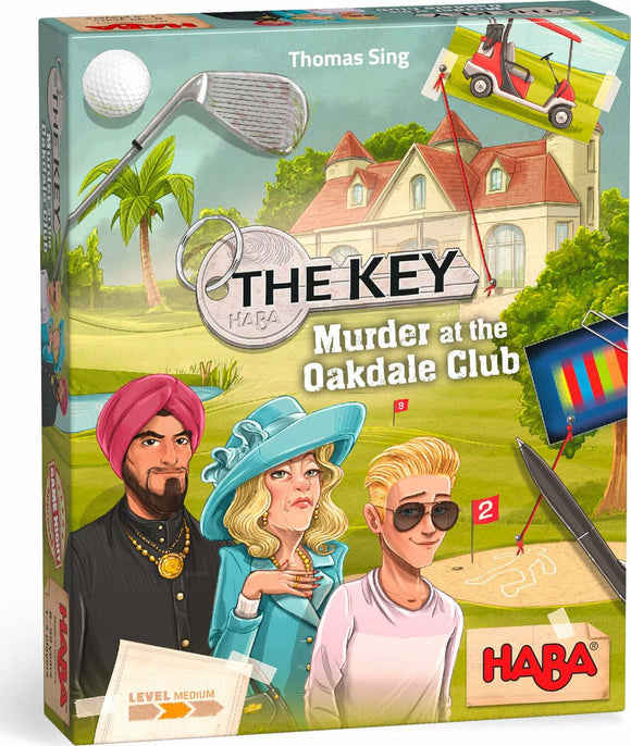 The Key Murder at the Oakdale Club board game by HABA features a colorful box cover depicting three characters: a man with a turban, a woman in a blue hat, and a young man in sunglasses. The background shows a golf course with a house and golf equipment, suggesting an outdoor mystery adventure. The game is rated as medium difficulty.