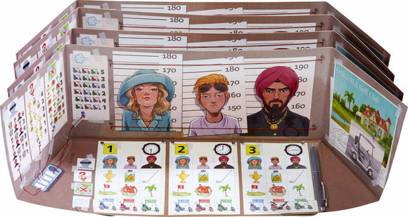 The Key Murder at the Oakdale game by HABA features a colorful setup with illustrated characters on police line-up boards, various clue cards, clocks, and an engaging mystery environment for players. The game includes components that highlight a whodunit theme, perfect for family fun and strategy sessions.