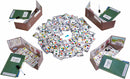 The Key Murder at the Oakdale game by HABA features a unique cooperative gameplay experience involving colorful clue cards, a thematic game board, and writing materials. The game setup shows several player compartments containing cards arranged in a circular pattern, with a prominent blue key piece. The overall design reflects a mystery-solving theme, inviting players to deduce the clues.
