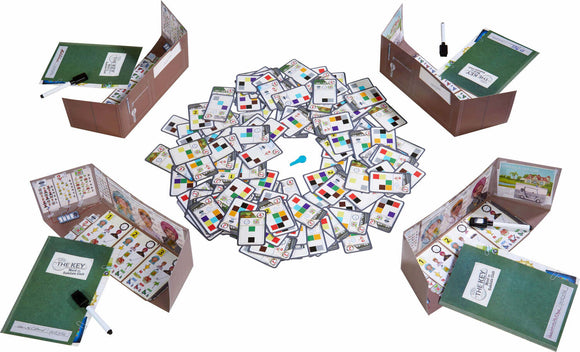 The Key Murder at the Oakdale game by HABA features a unique cooperative gameplay experience involving colorful clue cards, a thematic game board, and writing materials. The game setup shows several player compartments containing cards arranged in a circular pattern, with a prominent blue key piece. The overall design reflects a mystery-solving theme, inviting players to deduce the clues.