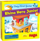 Rhino Hero Junior game box by HABA, featuring colorful illustrations of cute animal characters on a vibrant building. Designed for children aged 2 and up, this game encourages fine motor skills, basic counting, and understanding of game rules. The packaging highlights its engaging and educational nature, perfect for young learners.