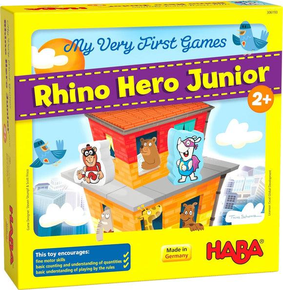 Rhino Hero Junior game box by HABA, featuring colorful illustrations of cute animal characters on a vibrant building. Designed for children aged 2 and up, this game encourages fine motor skills, basic counting, and understanding of game rules. The packaging highlights its engaging and educational nature, perfect for young learners.