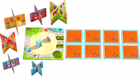 Rhino Hero Junior game by HABA featuring colorful ladders and characters, a vibrant game board with a path and trees, and several cards with playful imagery. Ideal for developing strategic skills in young players.