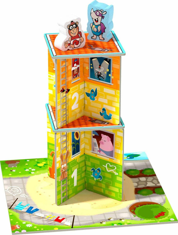 The Rhino Hero Junior game by HABA features a colorful, multi-level tower with cartoon characters including a superhero rhino and a monkey placed atop. The game encourages stacking and balancing with vibrant graphics showcasing playful animals and a lively garden scene at its base, ideal for young players.