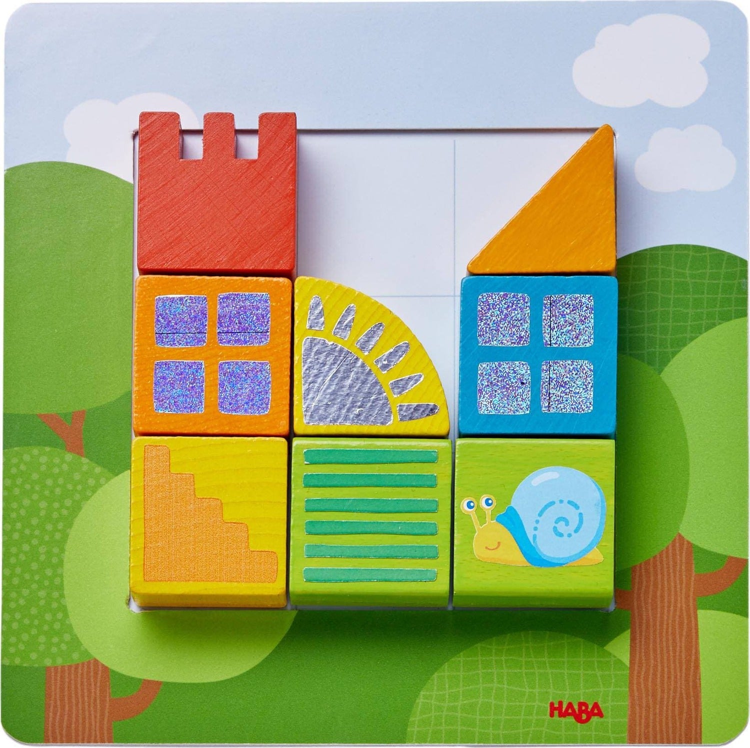 The Arranging Game Animal Squares by HABA is a colorful mechanical puzzle featuring various textured wooden blocks in vibrant shapes. The blocks are arranged to form a playful scene with patterns and a cute snail, enhancing creativity and fine motor skills.