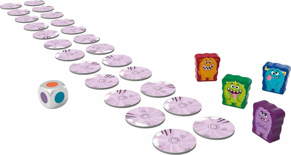 Colorful board game 'Monster Munch' by Haba features chunky monster pieces and a vibrant die. The circular game tokens are designed with fun patterns, ideal for engaging family play.