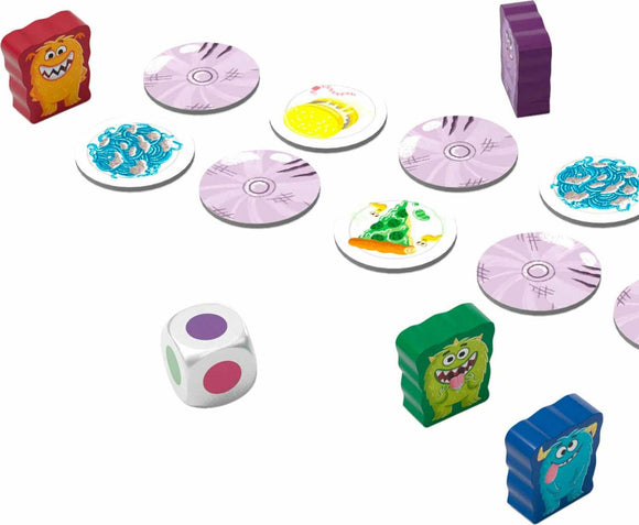 A colorful tabletop game called Monster Munch featuring playful monster figures in various colors, circular game tokens with fun food illustrations, and a vibrant die. It's designed for engaging group play.