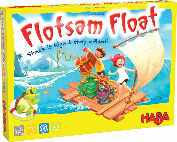 Flotsam Float game from Haba featuring colorful illustrations of children on a raft at sea. The box showcases vibrant graphics with playful characters, including a turtle, a treasure chest, and various nautical elements. The title 'Flotsam Float' is prominently displayed with the tagline 'Stack it high & stay afloat!' emphasizing a fun stacking and balancing challenge. Suitable for 2-5 players aged 6 and above.