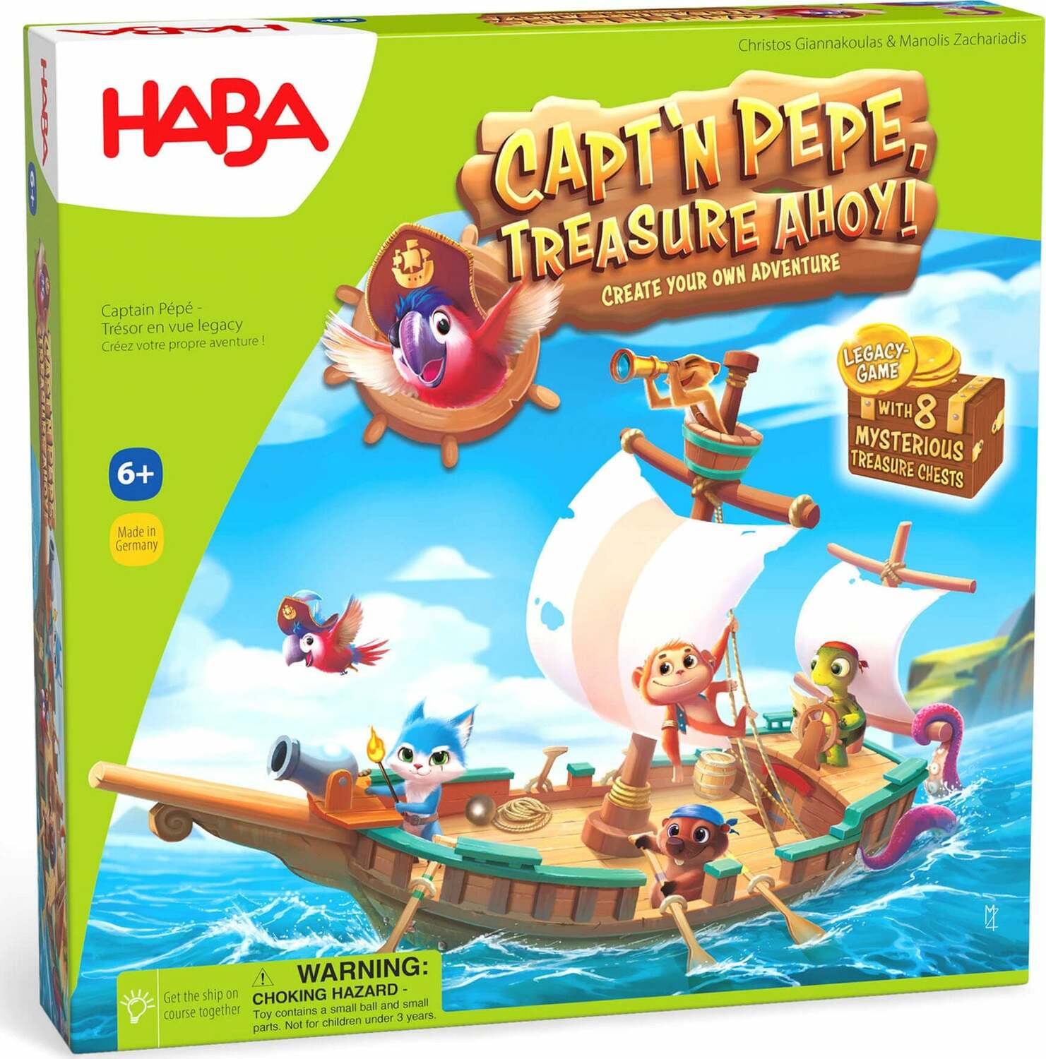 The game box for 'Capt'n Pepe, Treasure Ahoy!' by HABA features vibrant artwork of a pirate adventure on the high seas, showcasing a colorful ship with various cute animal characters. The game encourages creative storytelling and includes eight mysterious treasure chests for players to discover. Suitable for ages 6 and up, the box emphasizes cooperative gameplay and adventure.