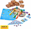 Capt'n Pepe, Treasure Ahoy! board game by HABA. Features colorful game pieces on a pirate ship with treasure chests and a game board showing islands. Includes wooden paddles and character tokens. Perfect for family fun and strategy.