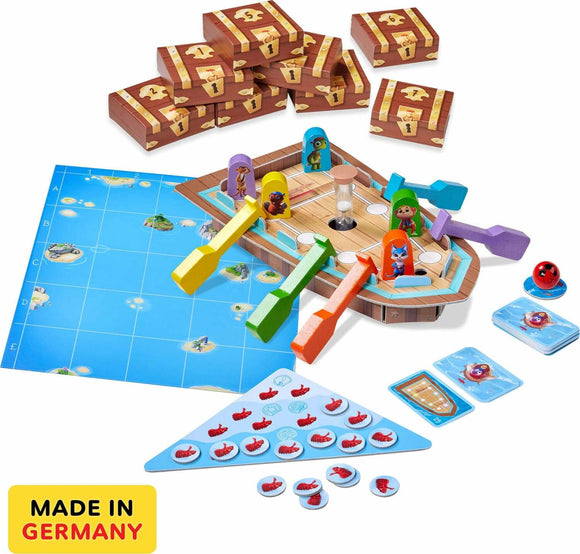 Capt'n Pepe, Treasure Ahoy! board game by HABA. Features colorful game pieces on a pirate ship with treasure chests and a game board showing islands. Includes wooden paddles and character tokens. Perfect for family fun and strategy.