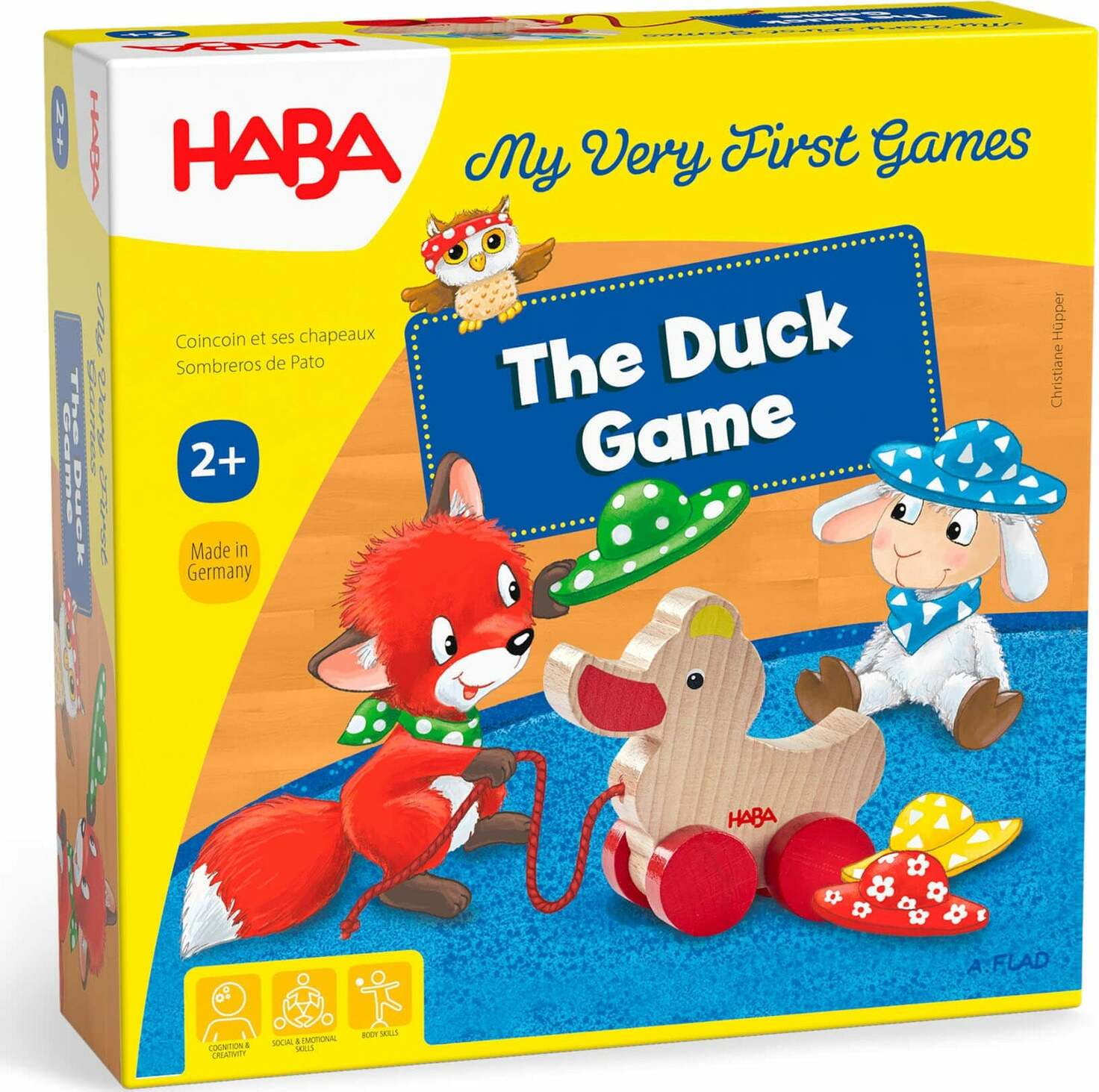 The Duck Game by HABA, an engaging early learning game for toddlers featuring colorful animal characters. The box design showcases a wooden duck toy and a playful fox and rabbit, encouraging social skills and creativity. Suitable for ages 2 and up, this game is made in Germany and is part of HABA's My Very First Games series.