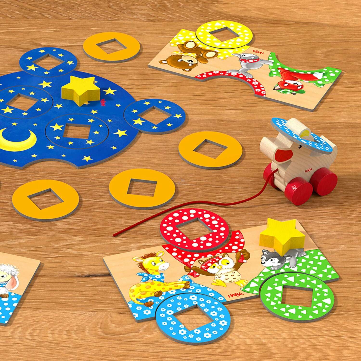 The Duck Game by HABA features colorful wooden shapes and playful animal designs on bright puzzle pieces. The set includes a wooden duck toy that can be pulled along with a string. Children can fit the geometric shapes into the corresponding cutouts on the boards, enhancing their motor skills and creativity. The engaging, vibrant design makes it ideal for young players.