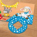 A vibrant close-up of 'The Duck Game' by HABA featuring playful cartoon animals like a sheep and a mouse. The game pieces are colorful with polka dots, designed for young children.