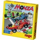 The Monza game by Haba features vibrant artwork depicting colorful racing cars on a racetrack. The game box highlights two cars and a cheering audience, inviting players to engage in a fun, strategic racing experience perfect for family game nights.