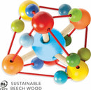 Colorful Grasping Toy Tirili by Haba, made from sustainable beech wood with various sized and colored wooden beads connected by flexible cords, ideal for enhancing fine motor skills and sensory exploration.