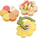 two flower-shaped rattles and a flower-shaped teether with green leaf ring